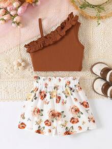 女童荷叶边吊带背心 + 向日葵印花蝴蝶结短裤 2 件套 - 棕色 - 查看 2