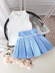 2pcs/Set Young Girl Fashionable Sleeveless Collar Top & Pleated Lace Trim Skirt Set, Summer