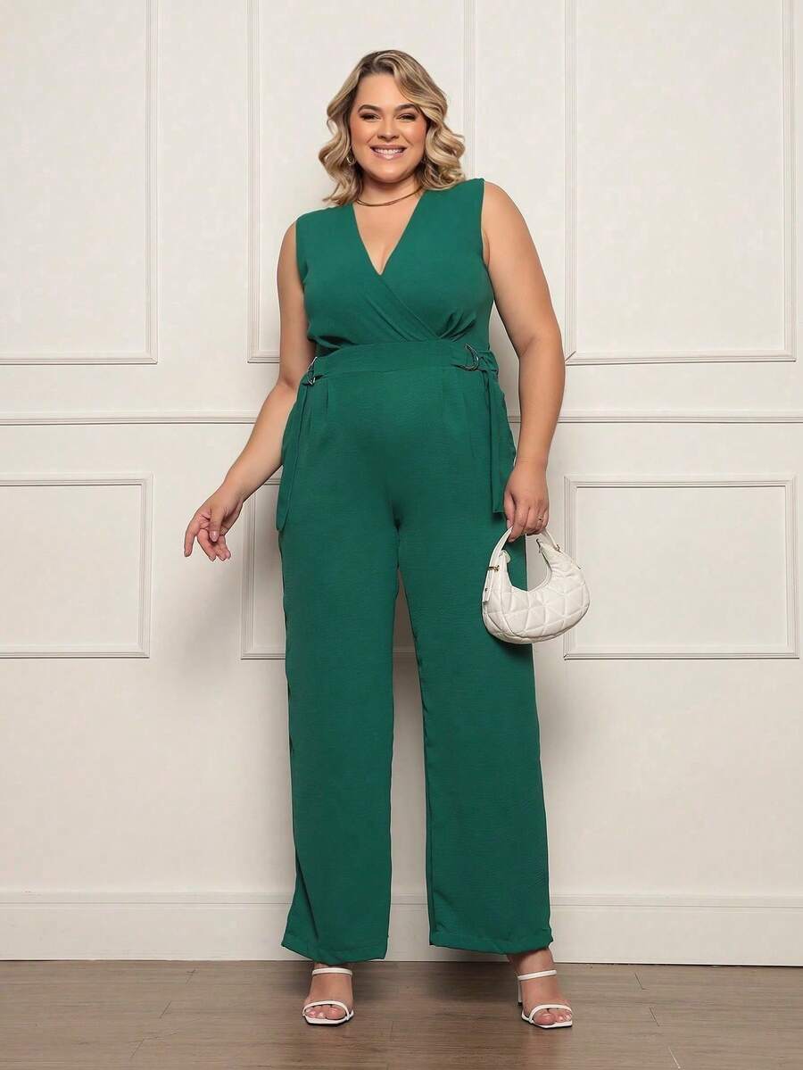 FASHION MIX PREMIUM Elegant Long Jumpsuit Tailored With Detail At The Waist And V-Neckline Plus Size Women's Fits 46 To 50 - 墨綠色 - 查看 1
