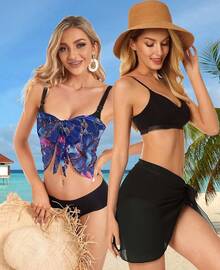 CHICGAL 2 Pieces Women Beach Sarong Bathing Suit Wrap Skirt Sheer Bikini Swimsuit Cover Ups Swimwear - 白色和亮藍色的花 - 查看 4