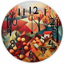 10-Inch/25CM Silent Wall Clock Geometric Landscape Featuring Colorful Trees, Rolling Hills, And A Small House. Round Wooden Wall Clock, Farmhouse Decoration For Living Room, Kitchen, Bedroom, 36V Or Below, AA Batteries Not Included - 1pc - 查看 7