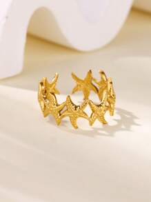 Anel vintage de estrela do mar para mulheres e homens, banhado a ouro 18k, aço inoxidável, anel com estrelas empilhadas, joia exclusiva, adequado para férias, aniversário, festa de verão, casamento