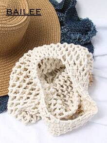 BAILEE 1个涤纶钩编网底多色纯色绳编手提包，饰有金属贝壳吊坠，菱形图案，轻便大容量，可爱时尚的缝线沙滩包，适合女性、应届毕业生和上班族，也可作为教师礼物。 - 白色 - 查看 10