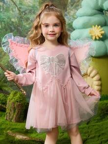 ASK JUNIOR Young Girls' Mesh Patchwork Princess Dress, Girls Round Neck Long Sleeve Mid-Length Dress