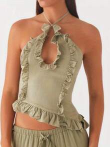 Crossover Halter Neck Ruffle Top For Women Tie Up Sleeveless Backless Top Summer Hollow Out Ruffled Vest For Club Party Beach Wear - 綠色 - 查看 1