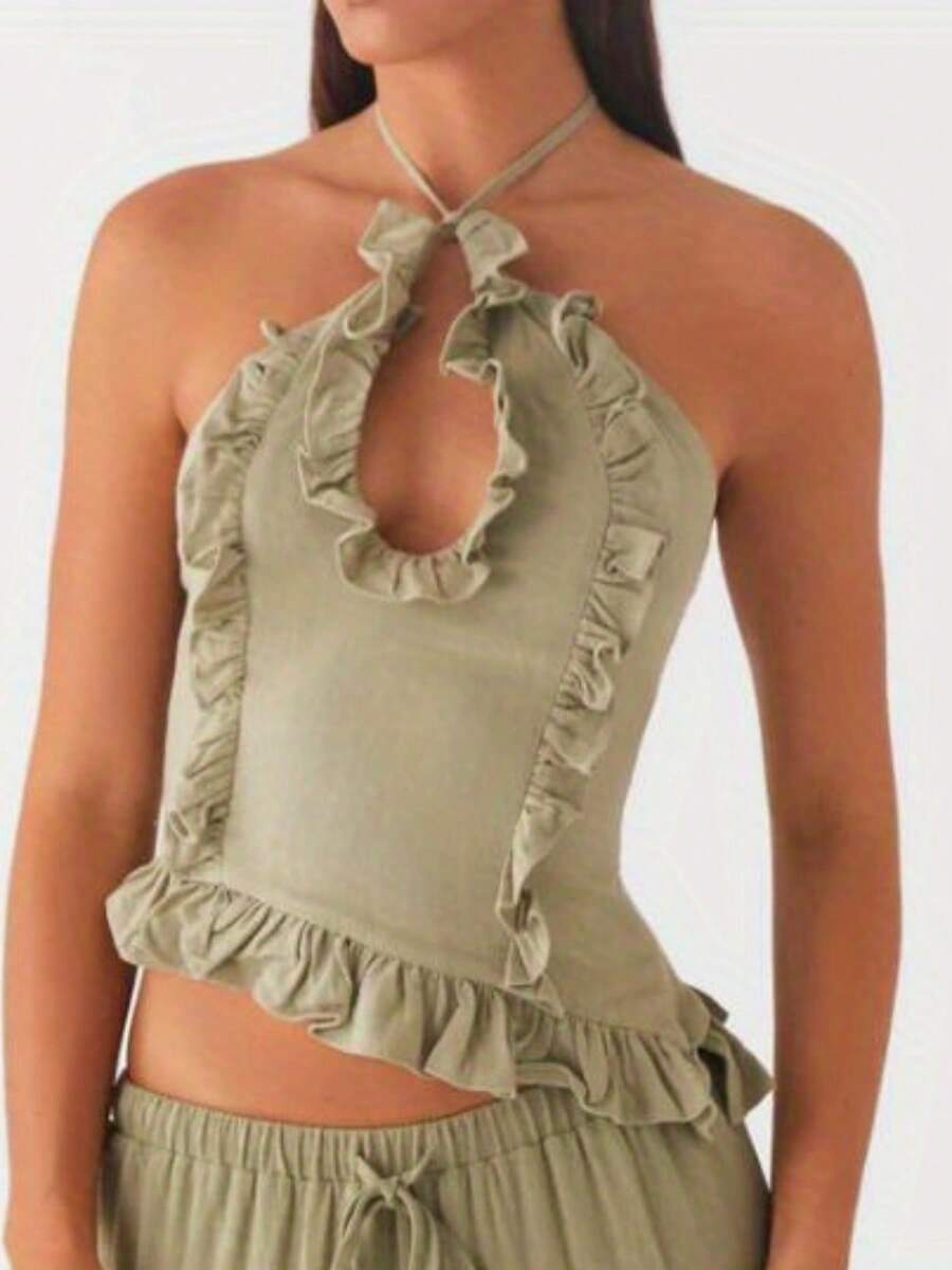 Crossover Halter Neck Ruffle Top For Women Tie Up Sleeveless Backless Top Summer Hollow Out Ruffled Vest For Club Party Beach Wear - 綠色 - 查看 1