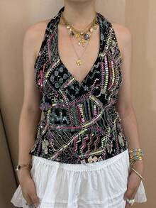 Women Sequin Beaded Halter Tops Y2k Sparkly Sleeveless Hanging Neck Slim Fit Crop Tank Top Summer Backless Low Cut Glitter Cami Vests Shirts Cute Going Out Tops Vintage Aesthetic Clothes Beach Vacation Party Streetwear - 黑色 - 查看 3