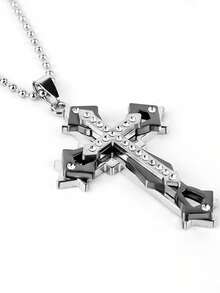 Simple 3-Layer Cross Pendant Necklace, Stainless Steel Chain, Fashionable Necklace Charm, Party Accessory Gift - Necklace - View 7