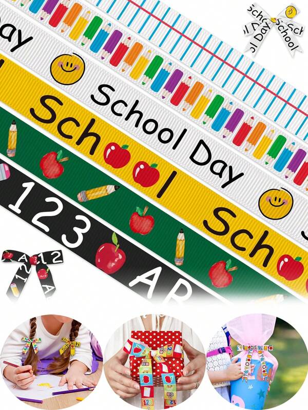 Set de 1/6 rollos de 5 yardas de cinta de vuelta al colegio, cinta para hornear tartas, cinta de regalo hecha a mano para flores de rosa, accesorios para el cabello, collares, cintas para sombreros, cintas para globos, decoración del hogar, decoración del patio, decoración de fiestas temáticas, decoración de escenas, cinta grosgrán de manzana verde amarilla con lápiz escolar ABC para envolver regalos para maestros, manualidades, envolver regalos, lazos para el cabello, suministros para fiestas