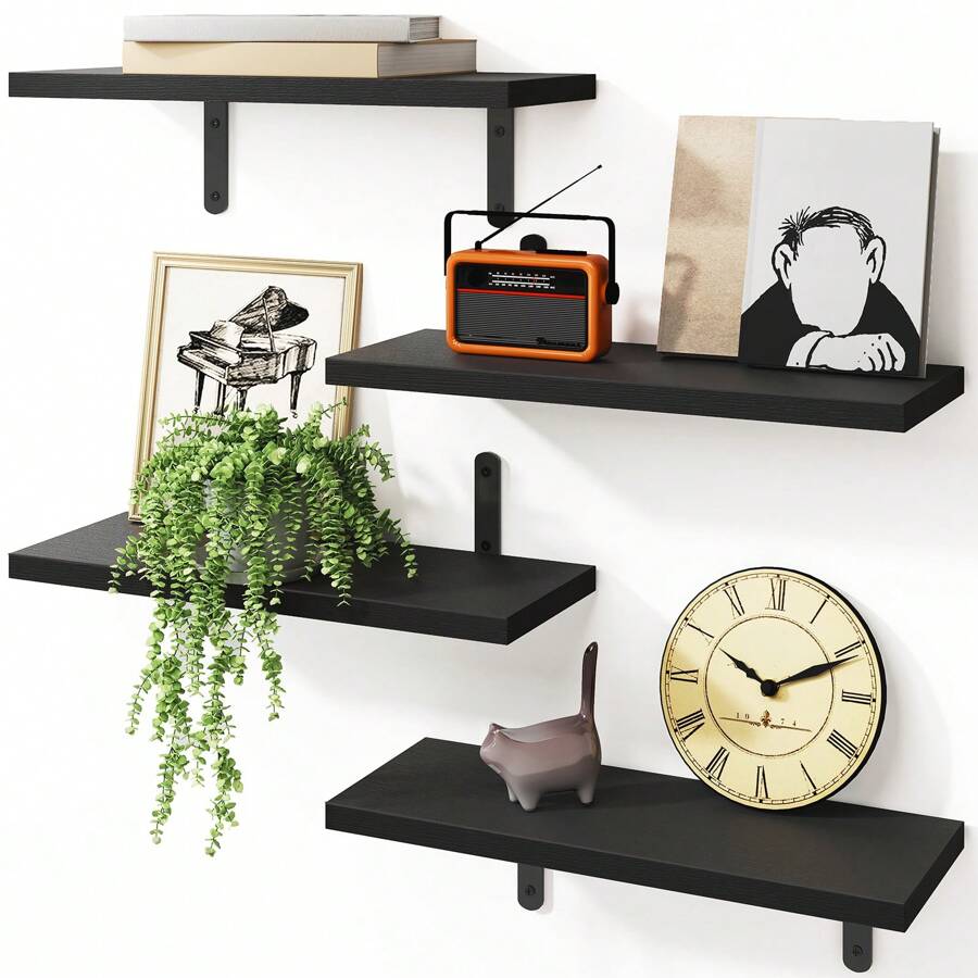 Superlele 4/6pcs Floating Shelves, Farmhouse Wood Wall Mounted Shelves For Bedroom & Bathroom Storage, Book Shelf