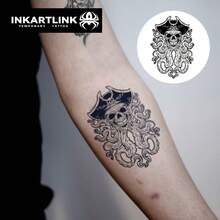 INKARTLINK Etiqueta engomada del tatuaje temporal del esqueleto pirata misterioso de INKARTINK, diseño de tatuaje misterioso y fresco, resistente al agua de 1-2 semanas - Negro - Ver 3
