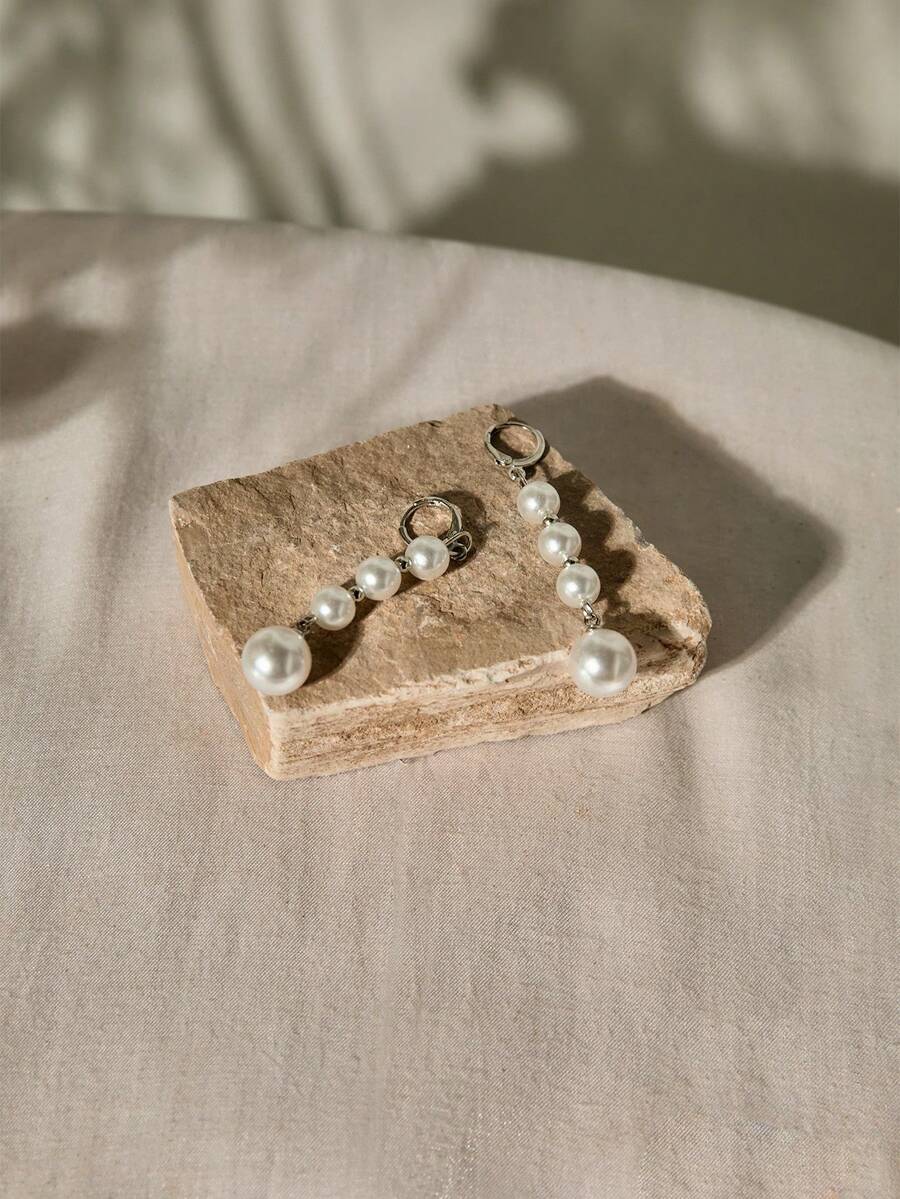 2件套白色珍珠吊坠铜耳环,带流苏设计,圣诞节冬季圣诞礼物 - 珍珠 - 查看 1