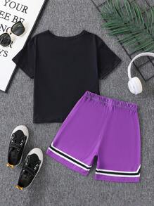 Set 2 buc. tricou și pantaloni scurți cu mânecă scurtă, cu slogan și ursuleț, pentru băieți, potrivit pentru activități în aer liber, casual, sport și purtare zilnică vara