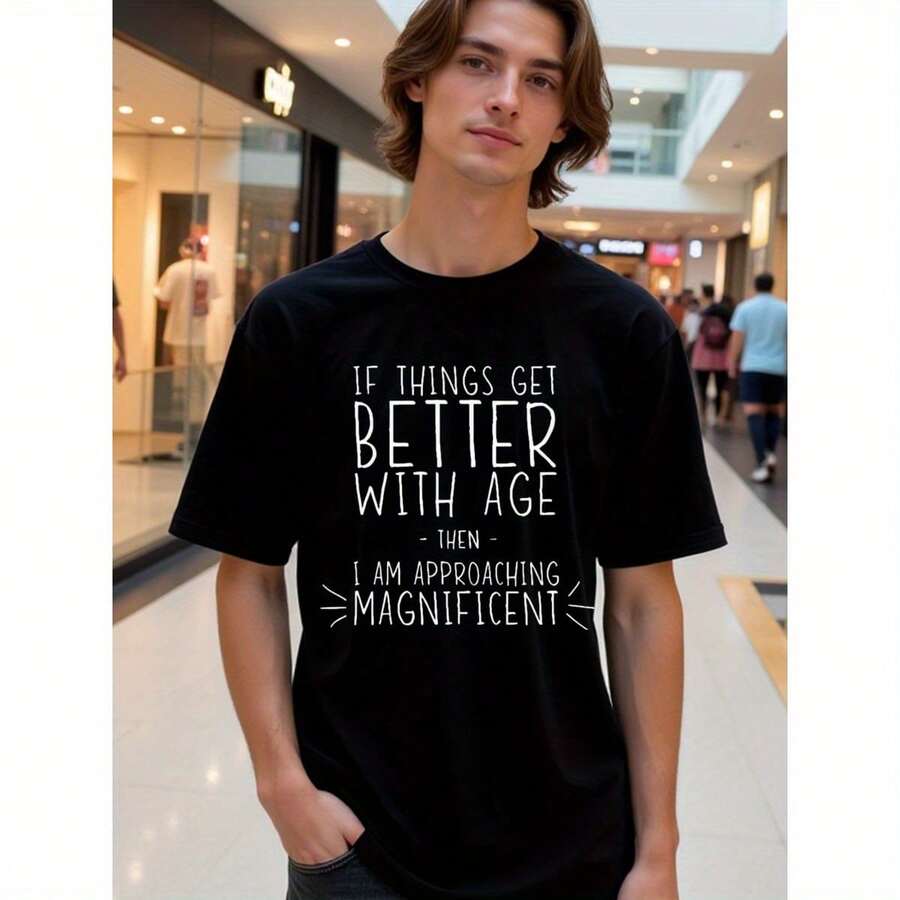 Camiseta gráfica 2023 Ebye "Better With Age" - Mezcla suave de poliéster, cuello casual, manga corta en azul, lavable a máquina para mujer - Negro - Ver 1