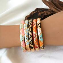 1pc Enamel Bangle Bracelet, Geometric Pattern Springy Open-Close Design, Classic Fashion Bracelet, Colorful, Mother's Day/Graduation Gift