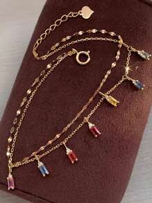 1 Stück S925 Sterling Silber Vintage Stil kubischer Zirkonia quadratischer Anhänger Halskette, elegantes Doppellagen Armband oder Fußkette, geeignet für den täglichen Gebrauch von Frauen, Urlaubsgeschenk & Partygeschenk