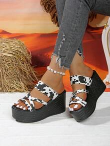 女士一脚蹬厚底凉鞋 - 休闲露趾高跟鞋，黑白拼色坡跟凉鞋