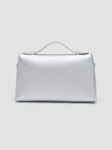 1 pieza Bolso de hombro cuadrado de unicolor con textura de lichí en PU, pequeña cartera para mujeres, apta para combinaciones de moda diaria y salidas - Plateado - Ver 5