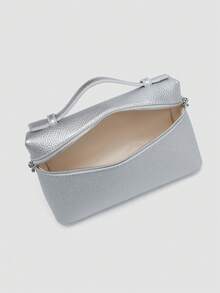 1 pieza Bolso de hombro cuadrado de unicolor con textura de lichí en PU, pequeña cartera para mujeres, apta para combinaciones de moda diaria y salidas - Plateado - Ver 7