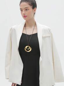 1pc Fashionable Luxury Minimalist Mixed Geometric Golden & Silver Asymmetrical Twist Pattern Double Ring Alloy Pendant Necklace, Wax Cord Knotted Long Chain, Gift For Mother Or Girlfriend - Geometric - View 6