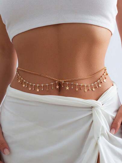 1 pièce Chaîne de taille à plusieurs couches style rétro avec strass et gland, pendentif étoile, décoration de taille , pour rave