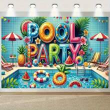 1pc Polyester Pool Party Background Banner, Pool, Swimming Ring, Beach Chair, Sunglasses Design, Theme Party Photo Background, Used In Birthday Parties, Theme Parties, Family Indoor And Outdoor Party Decoration