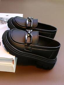 1 双儿童黑色皮革乐福鞋，一脚蹬软底休闲鞋，适合上学、春秋季、中大童 - 黑色 - 查看 7