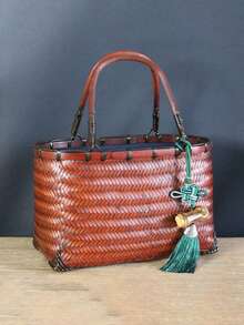 竹编中国红压岁钱信封钱包，复古风格竹制手提包，带流苏吊坠 - 紅色 - 查看 1