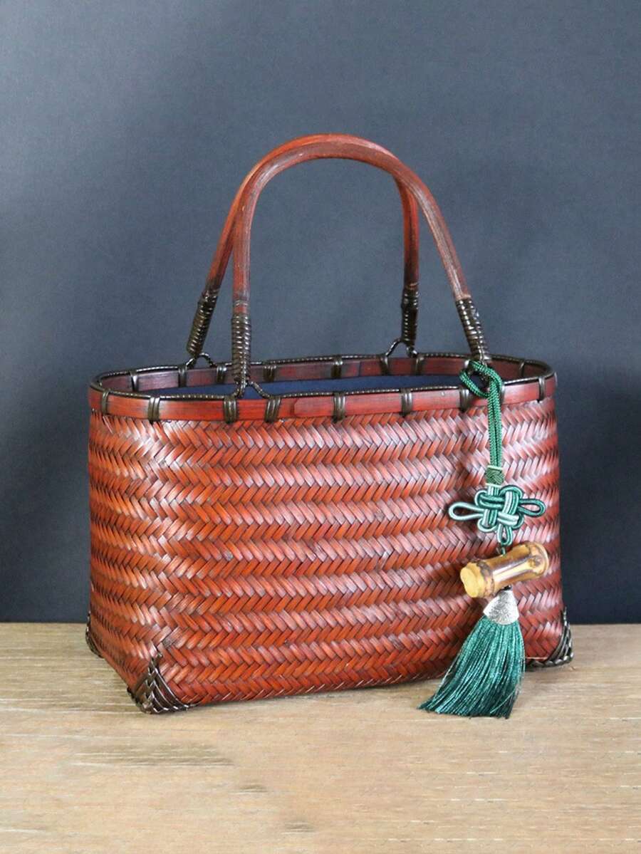 竹编中国红压岁钱信封钱包，复古风格竹制手提包，带流苏吊坠 - 紅色 - 查看 1