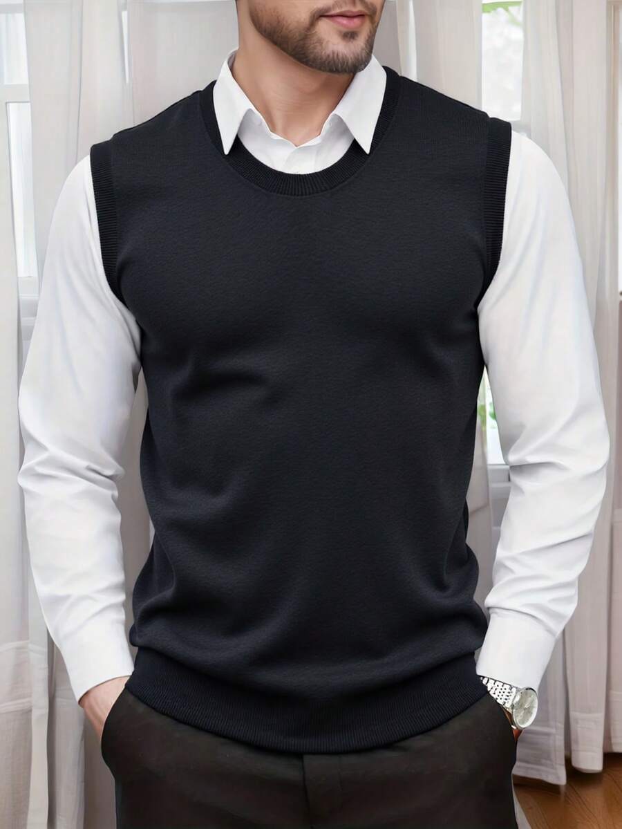 Men's Solid Color Crew Neck Casual Knitted Vest - Black - View 1