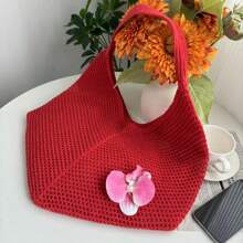 Summer Hollow-Out Knitted Beach Bag, Large Capacity Women Casual Solid Color Shoulder Tote Bag, Butterfly & Orchid Decor Accessory Shoulder Strap Tote Bag, Suitable For Daily Use, Gathering With Friends, Gift