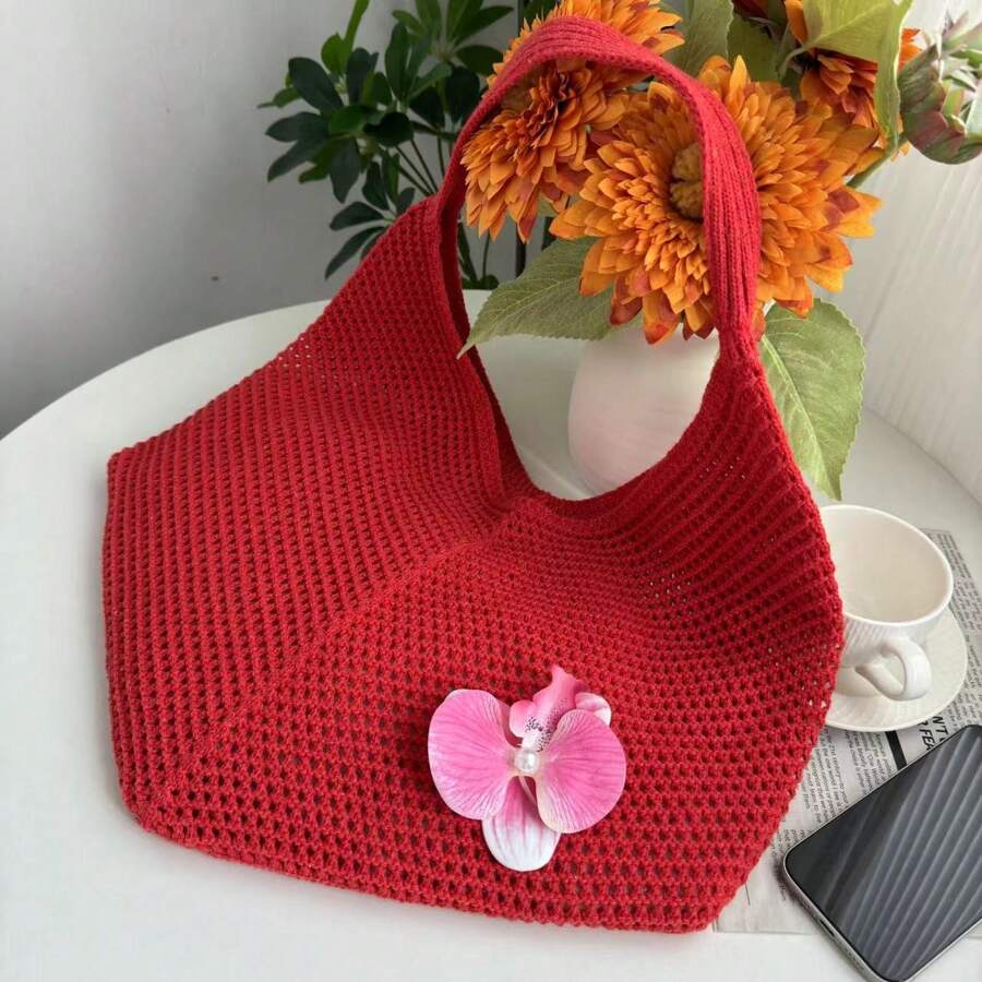 Summer Hollow-Out Knitted Beach Bag, Large Capacity Women Casual Solid Color Shoulder Tote Bag, Butterfly & Orchid Decor Accessory Shoulder Strap Tote Bag, Suitable For Daily Use, Gathering With Friends, Gift