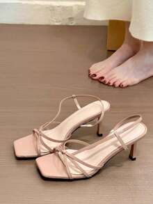 2025新款方头细跟高跟女鞋，法式仙女风露趾绑带凉鞋 - 粉色 - 查看 3