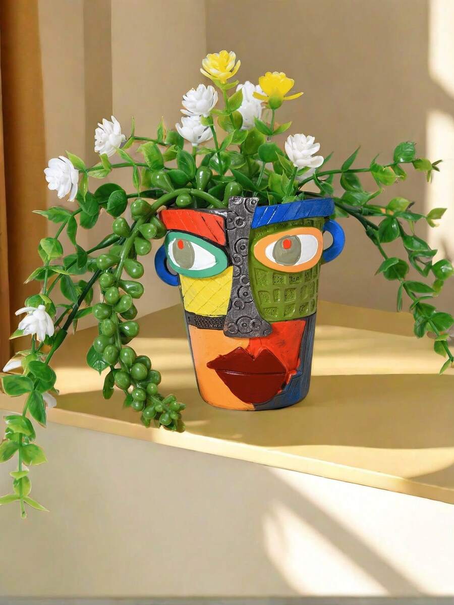 1pc Whimsical Large Resin Planter - Waterproof, Great For Outdoor Garden And Balcony Decoration, Handmade Picasso Fauvist Abstract Beauty Face Planter, 2025 New Face Planter Flower Pot Head For Indoor Plants, Colorful Art Antique Planter - Multicolor - View 1