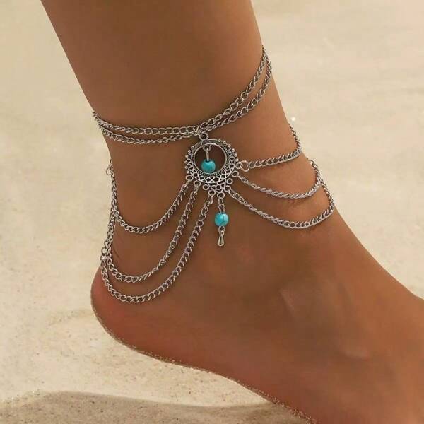 1pc Vintage Geometric Chain Multilayer Anklet For Women, Simple Design, Suitable For Daily Wear And Vacation