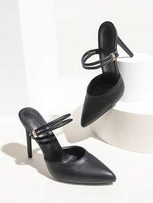 性感时尚尖头细高跟露背穆勒鞋一脚蹬休闲百搭黑色女式浅口鞋