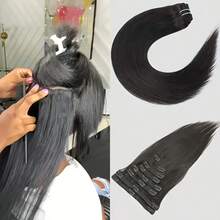 Real Human Hair Clip In Hair Extensions 8Pcs Human Hair Clip In Extensions Straight Remy Human Hair Extensions Clip Ins For Women Double Weft 16-24Inch - Natural Black - 查看 8