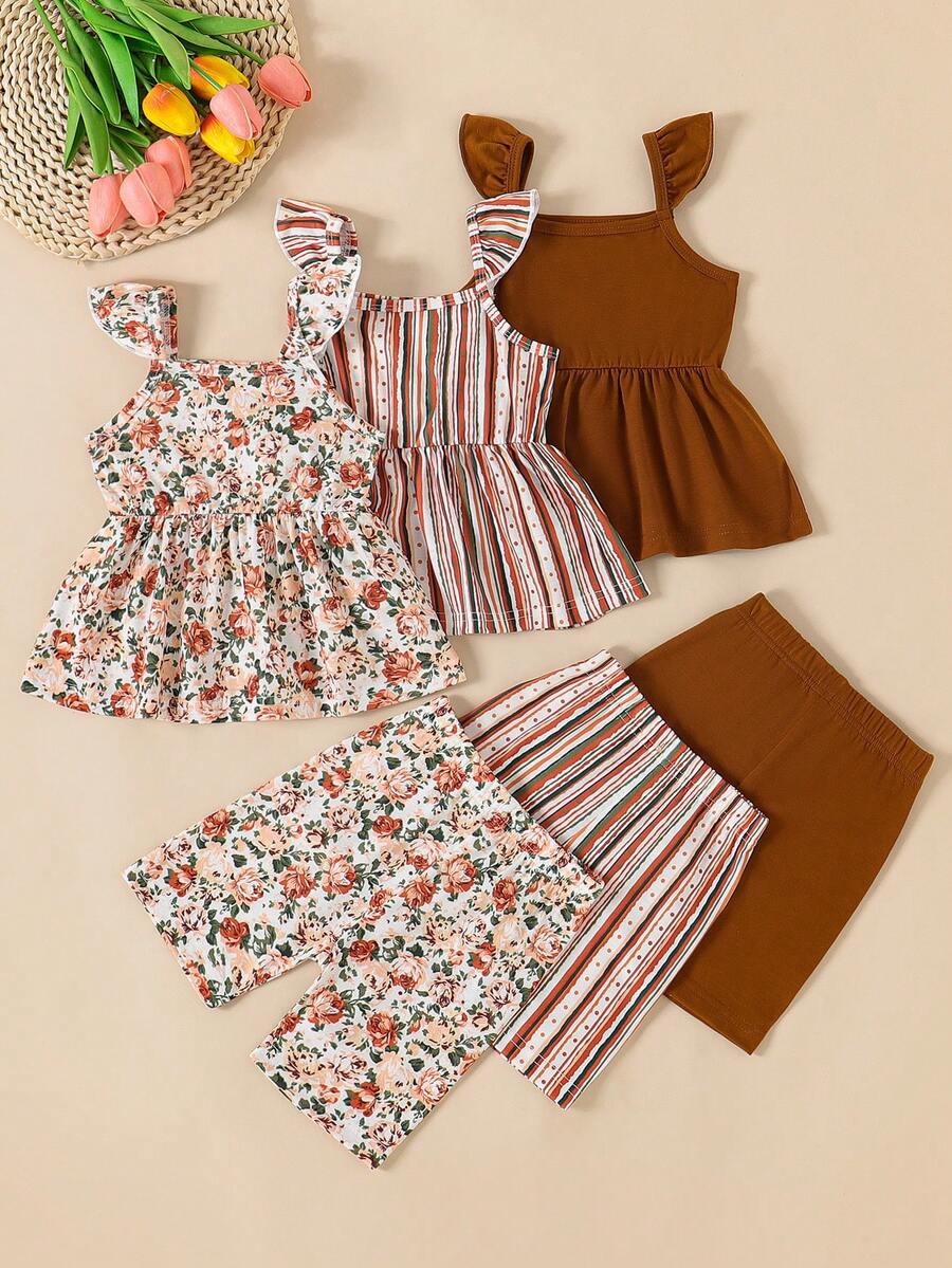 3pcs Baby Girls' Flower & Stripe Full Print Sleeveless Top + Shorts Set