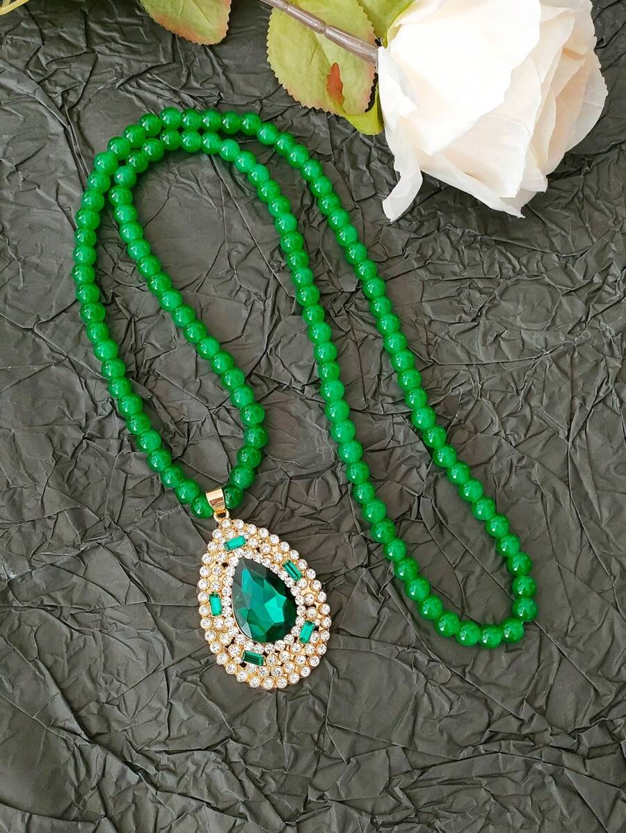 Elegante y lujoso collar de cadena larga con colgante de gota de cristal sintético y rhinestones, accesorio apropiado para suéter, fiesta y ocasión en cualquier temporada