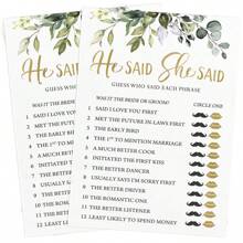 10/20/30/50 Stücke bedrucktes Partyspiel für Bridal-Shower - Er sagte, sie sagte Spiel mit lustigen Braut und Bräutigam Trivia, Aktivität für Hochzeitsdusche, botanisches Eukalyptus-Thema