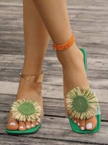 Sandali casual versatili adatti a qualsiasi occasione - carini, rinfrescanti, eleganti, ideali per feste. Ciabatte aperte sulla punta per l'uso estivo all'aperto, nuovi sandali romani intrecciati per primavera/estate, scarpe da donna di stile francese alla moda da abbinare ad abiti per spiaggia, appartamento, scarpe eleganti piatte verdi, sandali bohémien comodi da camminare, scarpe da donna scivolate con decorazione a girasole