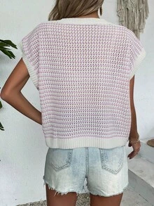 Elegant Striped Color Block Round Neck Cap Sleeve Pointelle Hollow Out Knit Top Sweater Vest Regular Loose Soft Casual Chic Style For Spring Summer Fall Vacation Beach Christmas Valentine's Day - 淺粉色 - 查看 2