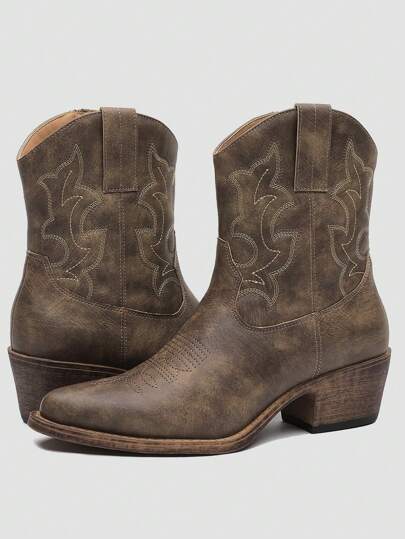 GLOBALWIN Cowboy Boots For Women Cute Cowgirl Boots Women's Western Boots With Embroidery Side Zipper Chunky Heel Fall Boots Halloween Season