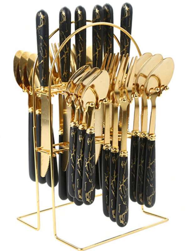 Ensemble de couverts en acier inoxydable 24 pièces avec porte-couverts, style vintage, fourchette, couteau, cuillère, poli miroir, adapté à la maison, à la cuisine, au restaurant, au dîner