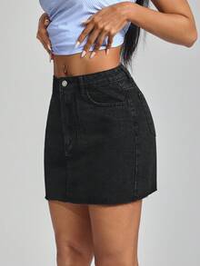 Jeanoix Váy mini denim dệt cạp cao màu đen phong cách đường phố Châu Âu & Mỹ dành cho nữ - màu đen - Xem 3