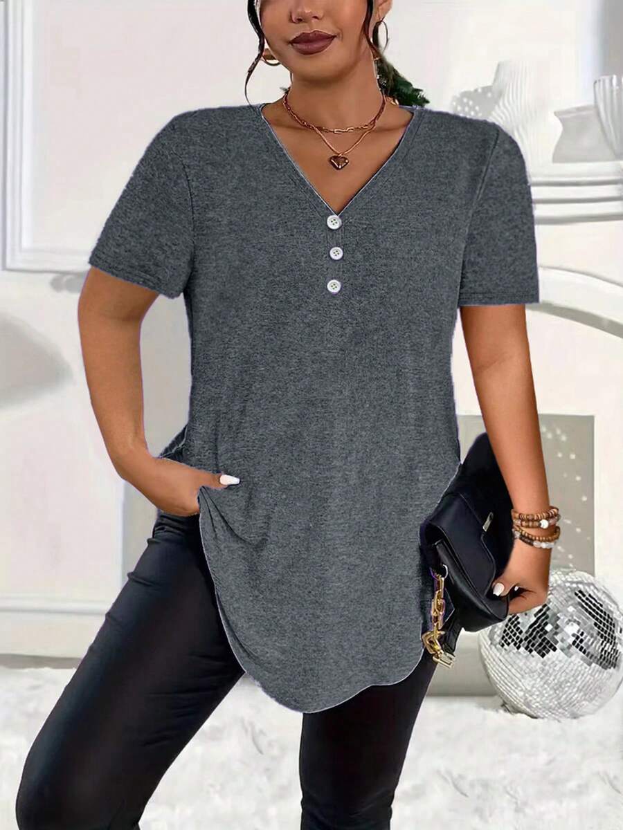 New Casual Plus Size Solid V-Neck Button Short Sleeve Top Summer - Dark Grey - View 1