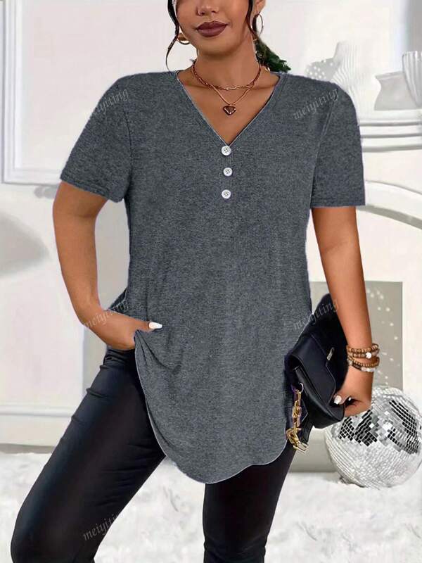 New Casual Plus Size Solid V-Neck Button Short Sleeve Top