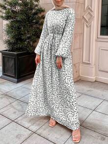 Full Print Elegant & Fashionable Arab Style Casual Long Sleeve Dress - Grey - View 2