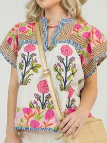 Boho Tops For Women Y2k Vintage Floral Short Sleeve Crop Top Fly Sleeve Floral Ruffle Shirts Out Going Peplum Oversized Loose Fit Blouse Streetwear Beach Vacation Clothes - 粉色 - 查看 5