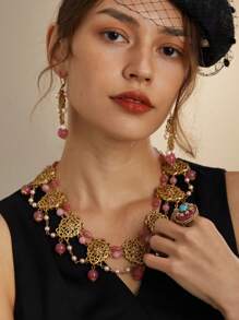 Conjunto de joyería nupcial con enchapado en bronce vintage, accesorios de compromiso, borlas multicapa, collar de piedra natural rosa dulce hecho a mano con cuentas y perlas falsas, aretes y anillo